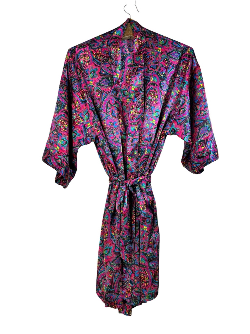 Vintage Erika Taylor Pink Multicolored Retro Paisley Floral Satin Robe Size M